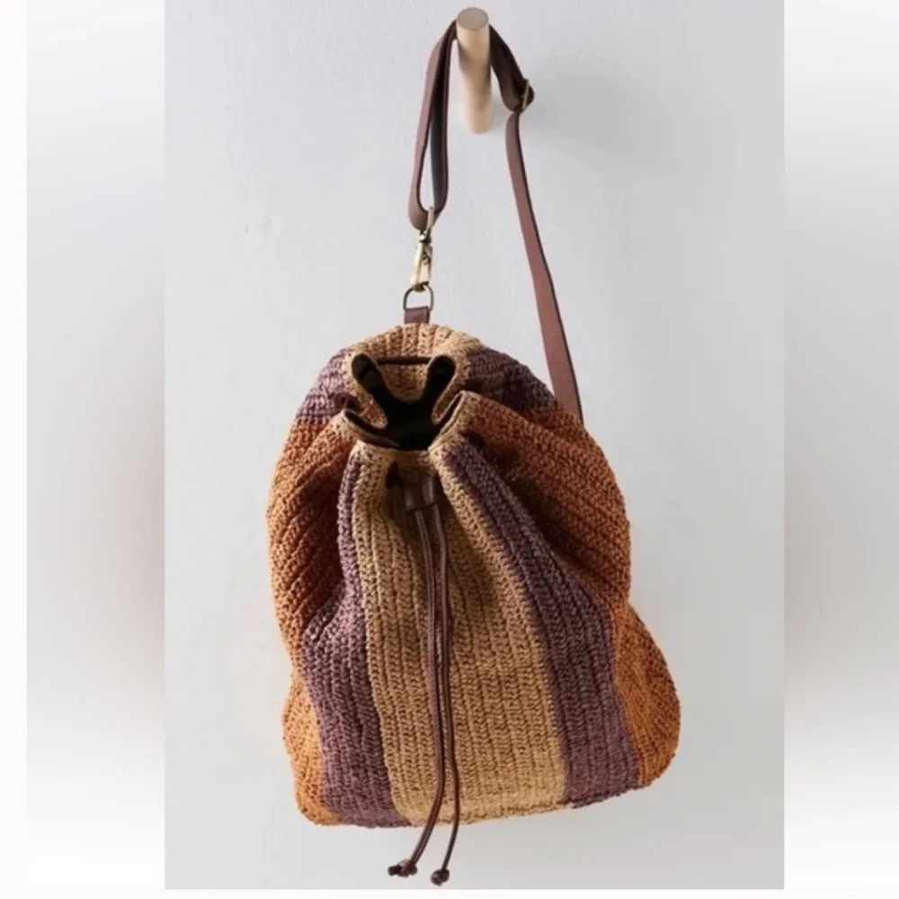 Free People Raffia Drawstring Backpack - Brown, Tan, Purple